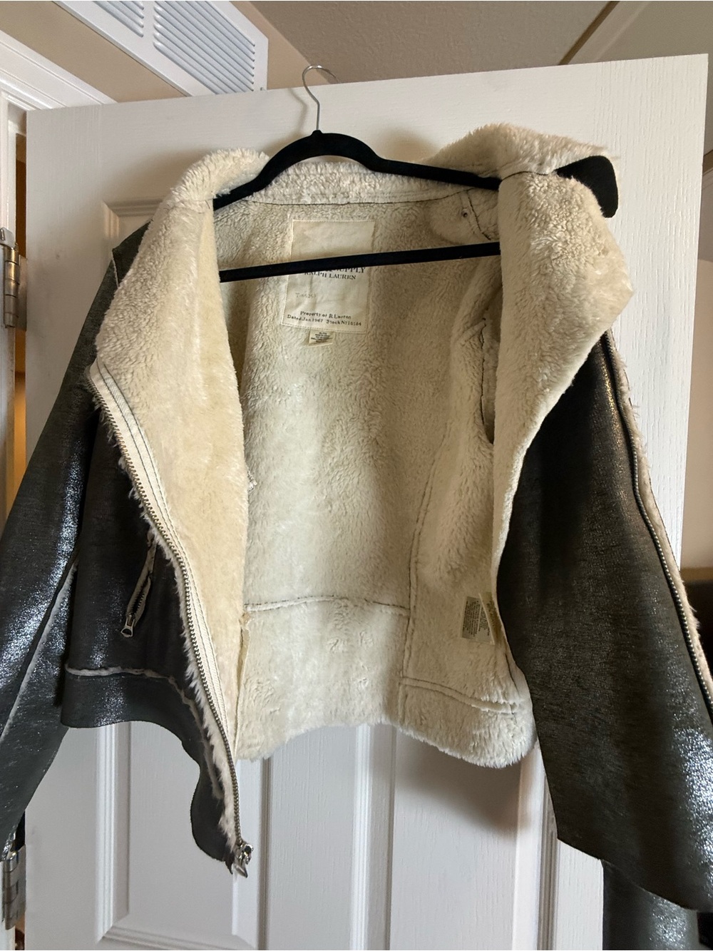 Ralph Lauren Olive Shimmer Faux-Shearling Moto Jacket - Picture 7 of 12